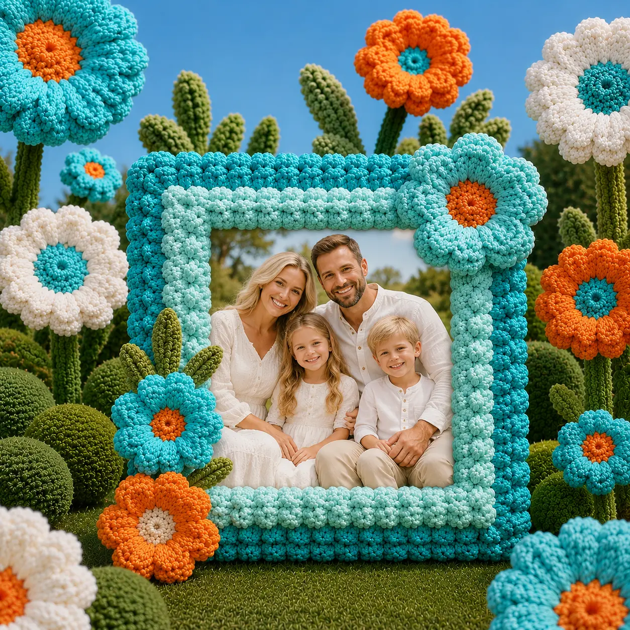 Family portrait in a turquoise crochet Frameroll