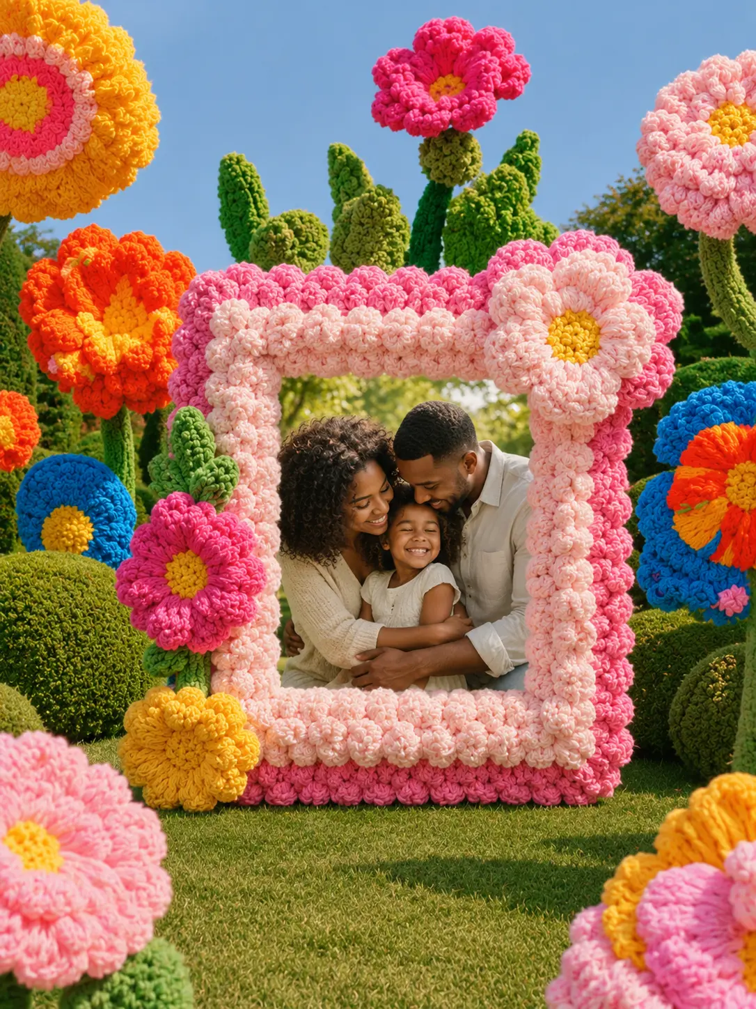 Family portrait in a pink crochet Frameroll