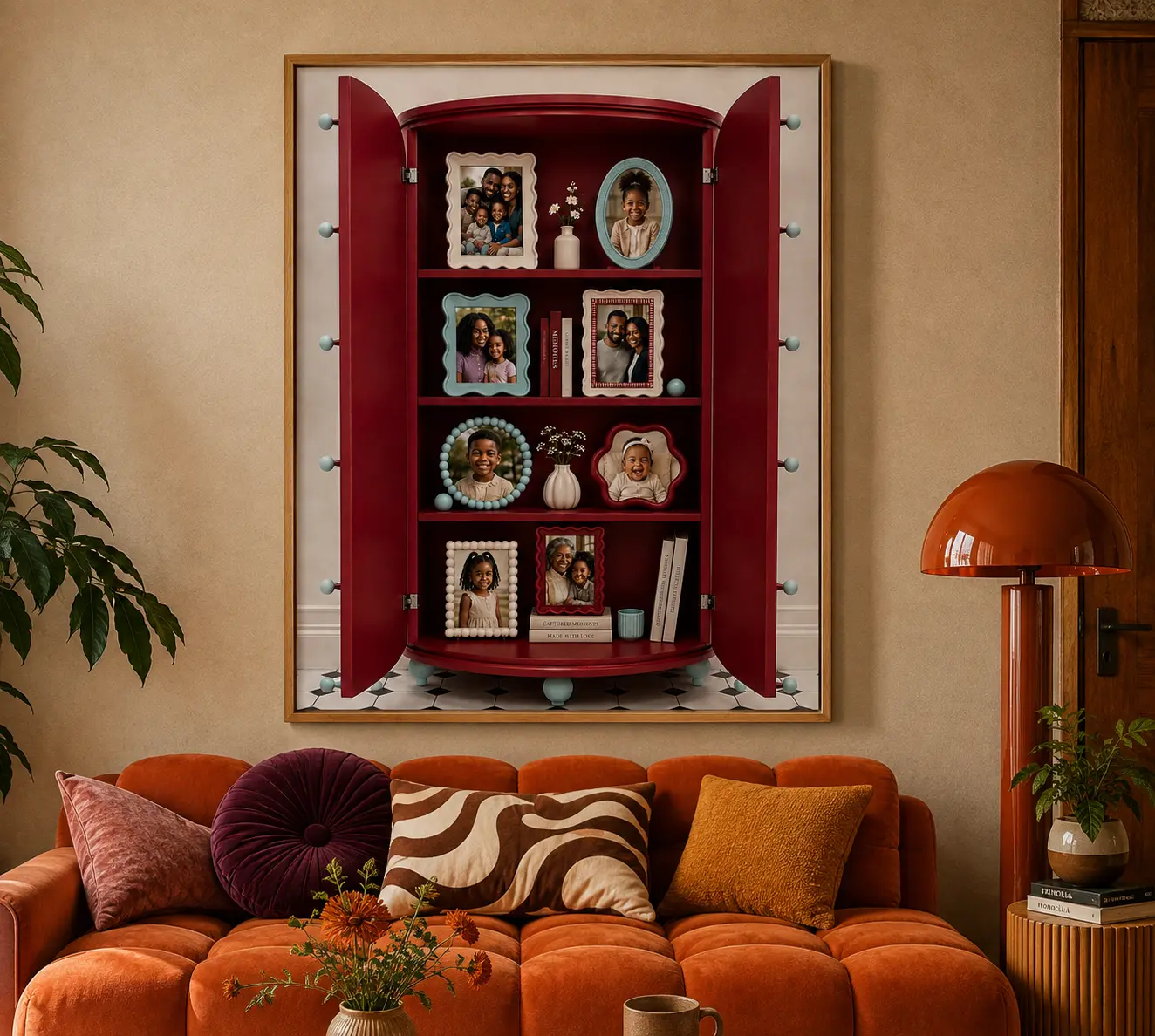 Burgundy cabinet Frameroll above a sofa