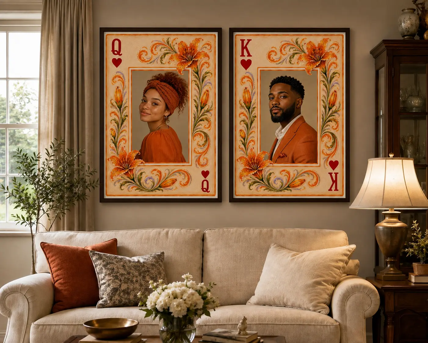 Matching queen and king Framerolls above a sofa